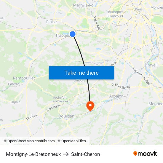 Montigny-Le-Bretonneux to Saint-Cheron map