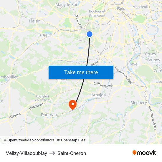 Velizy-Villacoublay to Saint-Cheron map