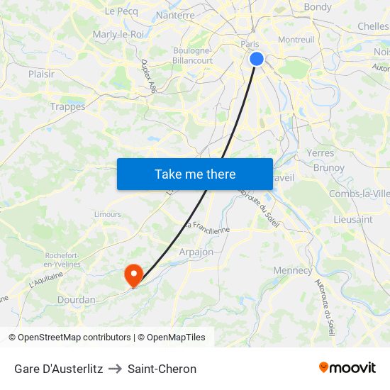 Gare D'Austerlitz to Saint-Cheron map