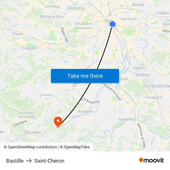 Bastille to Saint-Cheron map