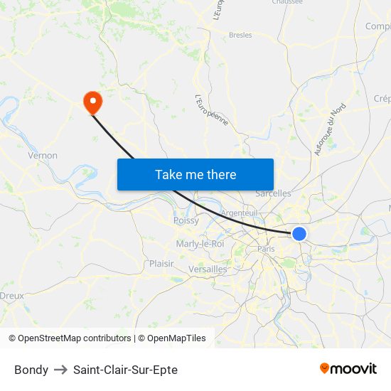 Bondy to Saint-Clair-Sur-Epte map