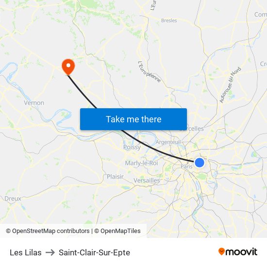 Les Lilas to Saint-Clair-Sur-Epte map
