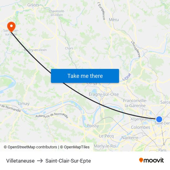Villetaneuse to Saint-Clair-Sur-Epte map