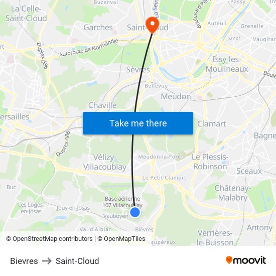 Bievres to Saint-Cloud map