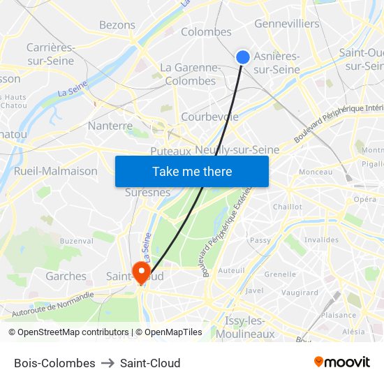 Bois-Colombes to Saint-Cloud map