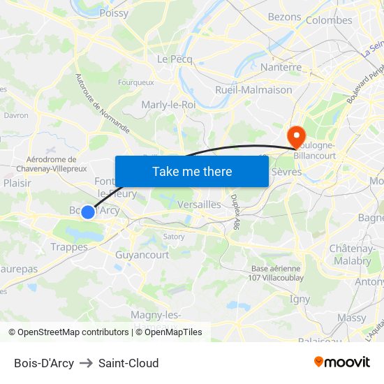 Bois-D'Arcy to Saint-Cloud map