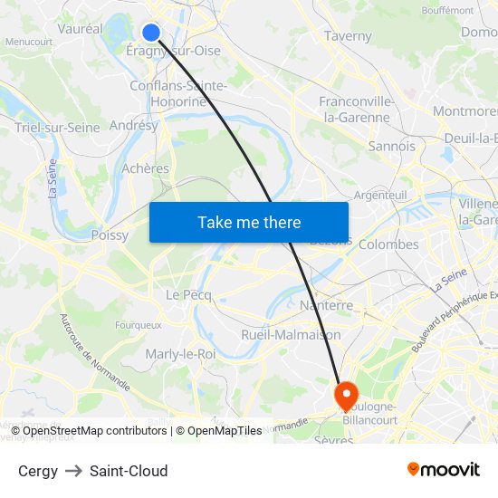 Cergy to Saint-Cloud map