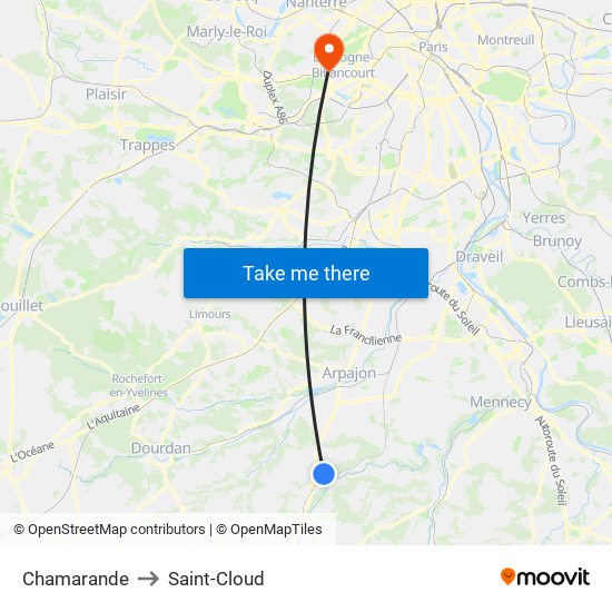 Chamarande to Saint-Cloud map
