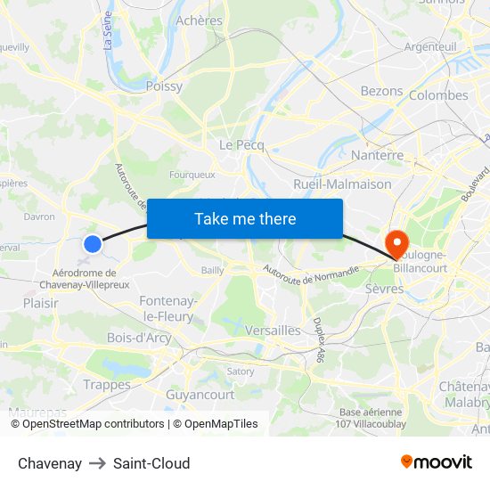 Chavenay to Saint-Cloud map