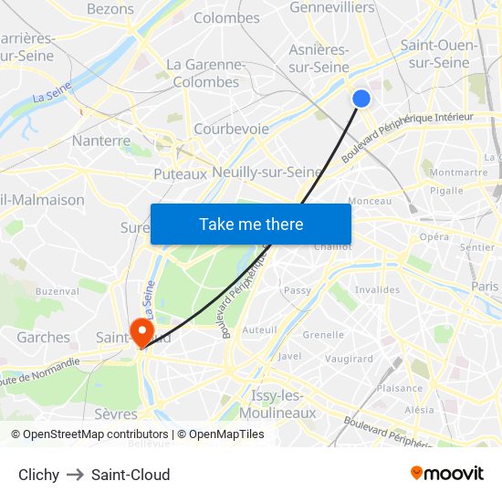 Clichy to Saint-Cloud map