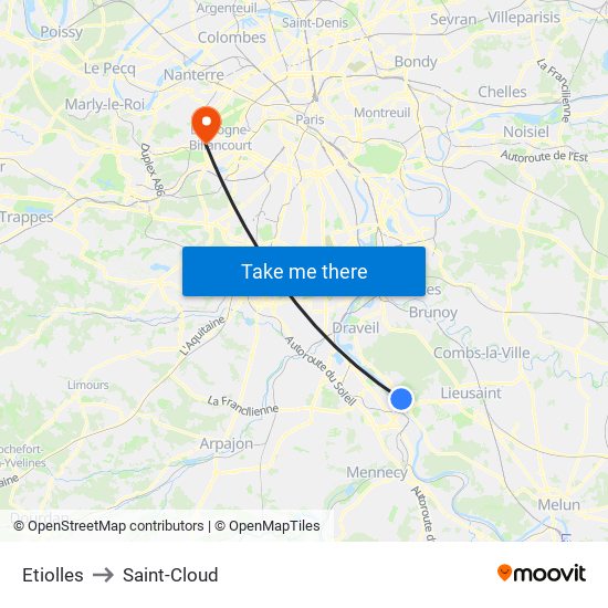 Etiolles to Saint-Cloud map