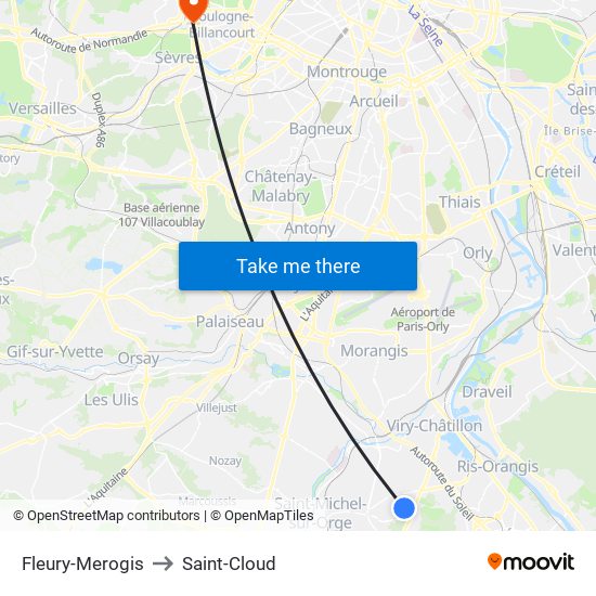 Fleury-Merogis to Saint-Cloud map
