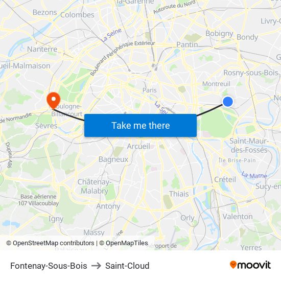 Fontenay-Sous-Bois to Saint-Cloud map