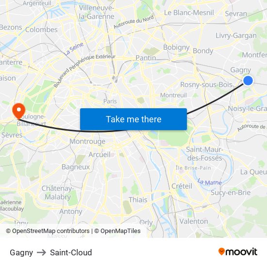 Gagny to Saint-Cloud map