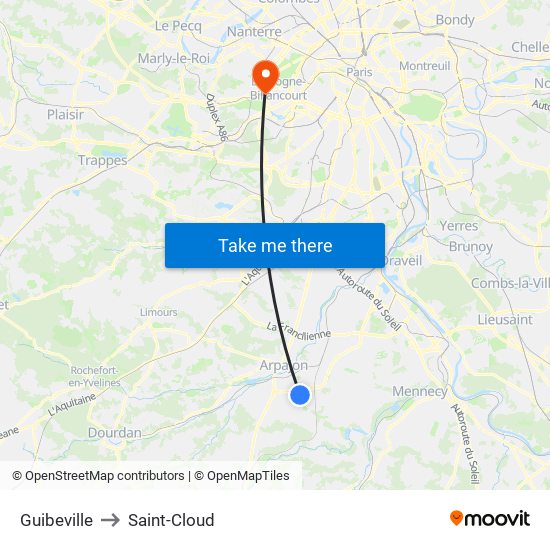 Guibeville to Saint-Cloud map