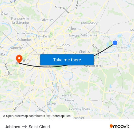 Jablines to Saint-Cloud map