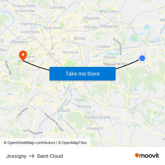 Jossigny to Saint-Cloud map