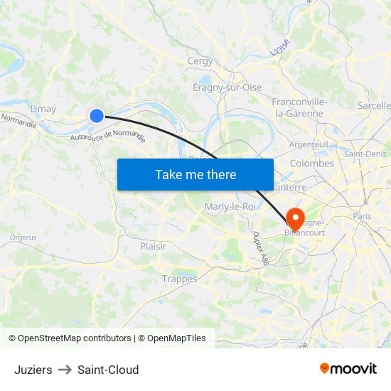Juziers to Saint-Cloud map