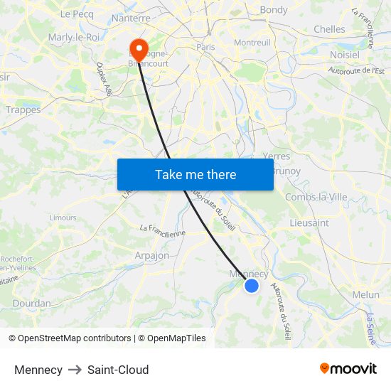 Mennecy to Saint-Cloud map