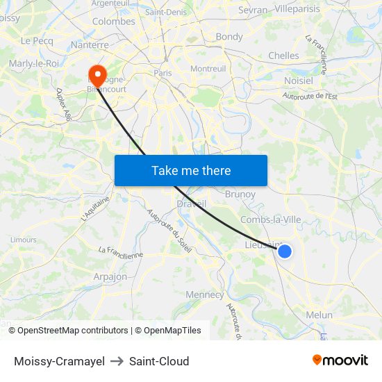 Moissy-Cramayel to Saint-Cloud map