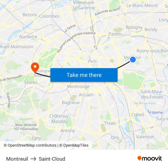 Montreuil to Saint-Cloud map