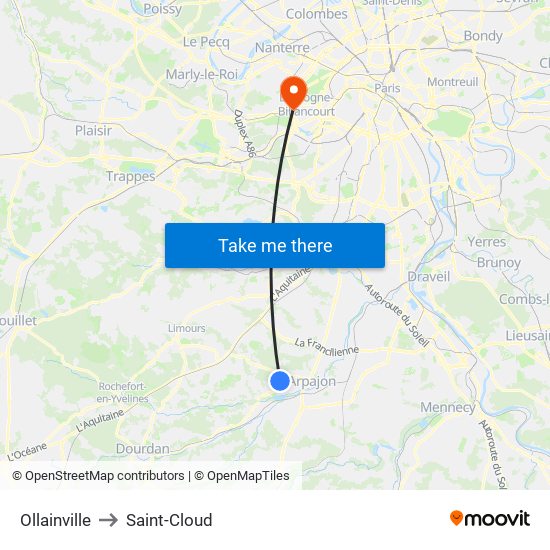 Ollainville to Saint-Cloud map