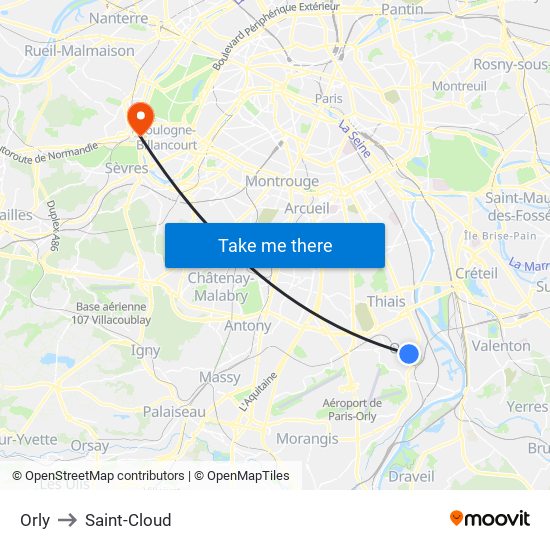 Orly to Saint-Cloud map