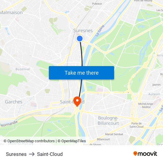 Suresnes to Saint-Cloud map