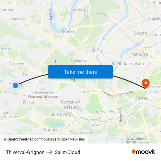 Thiverval-Grignon to Saint-Cloud map