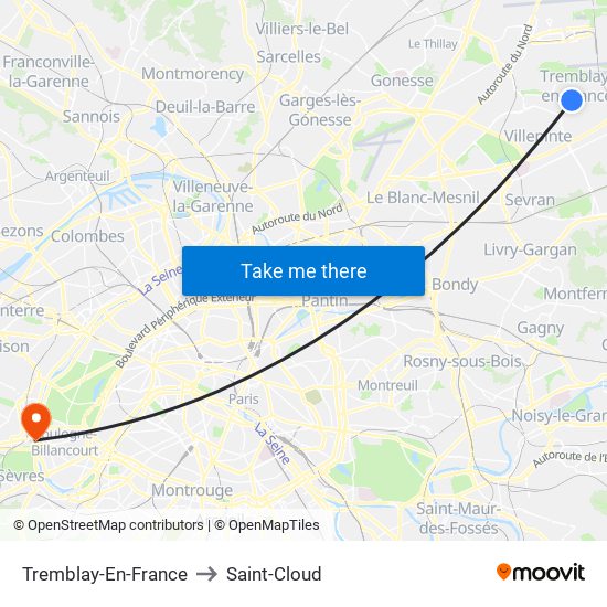 Tremblay-En-France to Saint-Cloud map