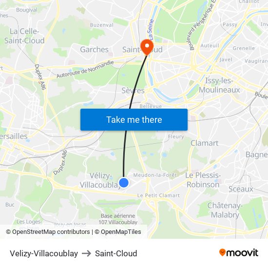 Velizy-Villacoublay to Saint-Cloud map