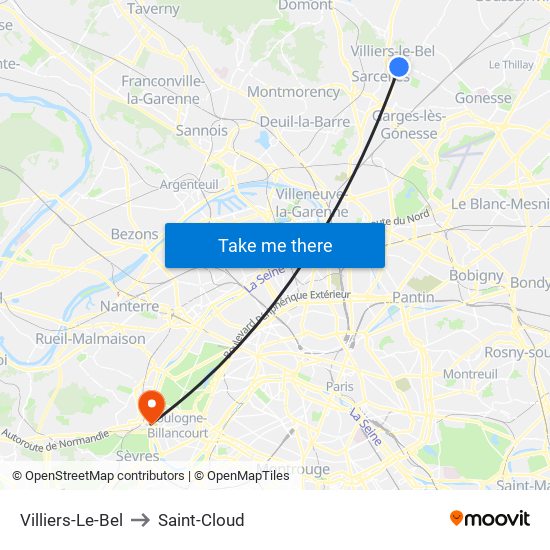 Villiers-Le-Bel to Saint-Cloud map