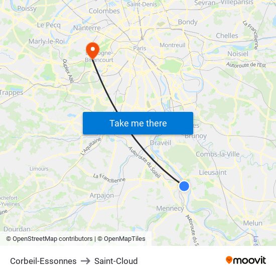 Corbeil-Essonnes to Saint-Cloud map