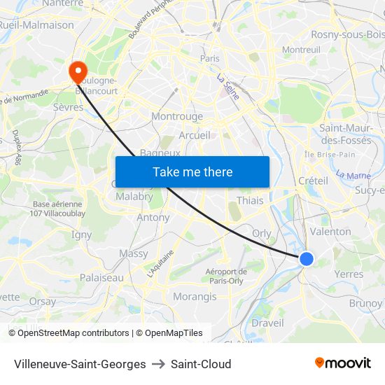 Villeneuve-Saint-Georges to Saint-Cloud map