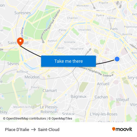 Place D'Italie to Saint-Cloud map