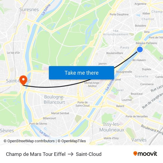Champ de Mars Tour Eiffel to Saint-Cloud map