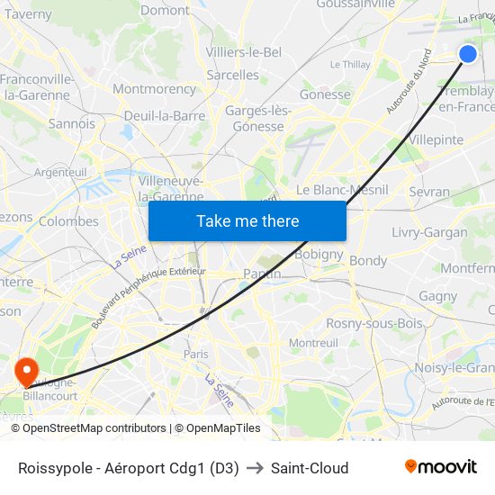 Roissypole - Aéroport Cdg1 (D3) to Saint-Cloud map