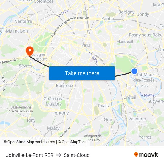 Joinville-Le-Pont RER to Saint-Cloud map