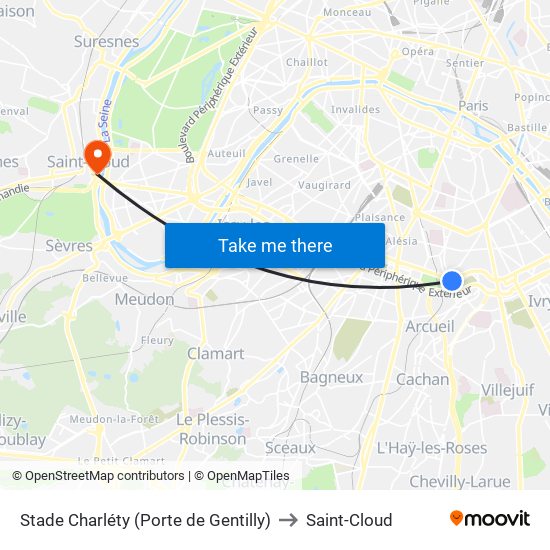 Stade Charléty (Porte de Gentilly) to Saint-Cloud map