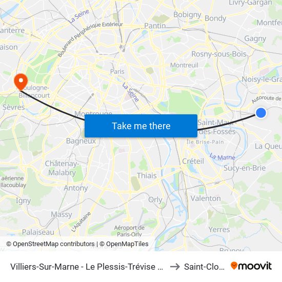 Villiers-Sur-Marne - Le Plessis-Trévise RER to Saint-Cloud map