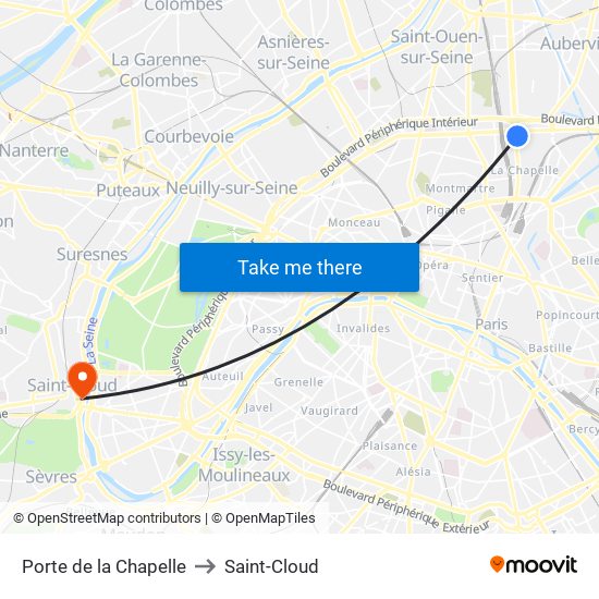 Porte de la Chapelle to Saint-Cloud map