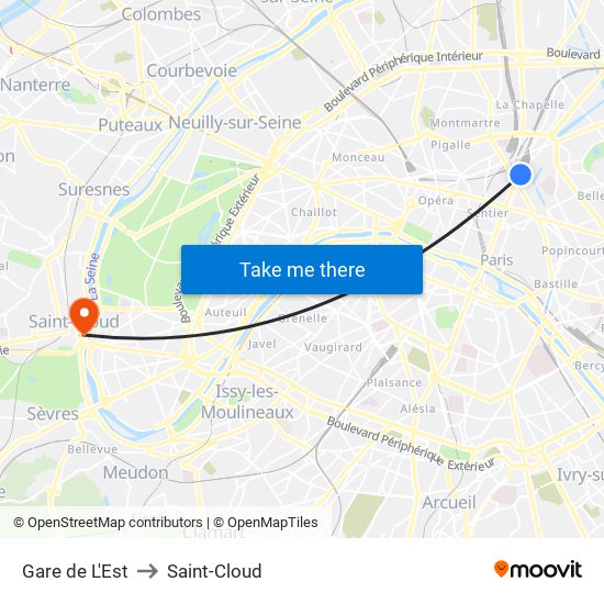 Gare de L'Est to Saint-Cloud map