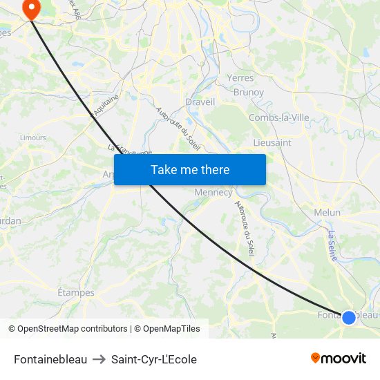 Fontainebleau to Saint-Cyr-L'Ecole map