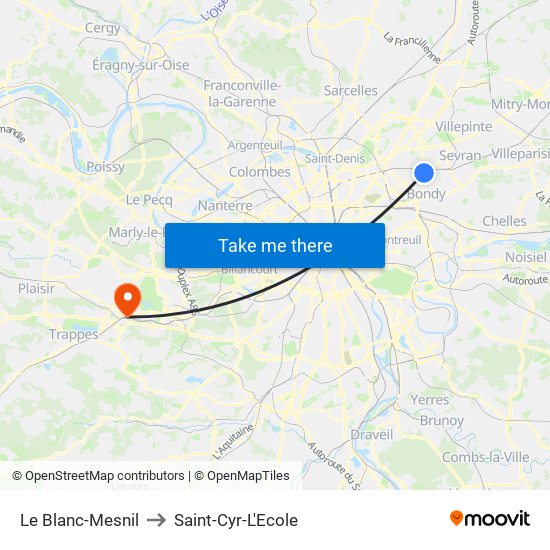 Le Blanc-Mesnil to Saint-Cyr-L'Ecole map