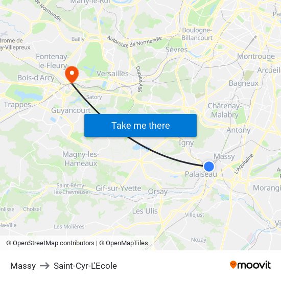 Massy to Saint-Cyr-L'Ecole map
