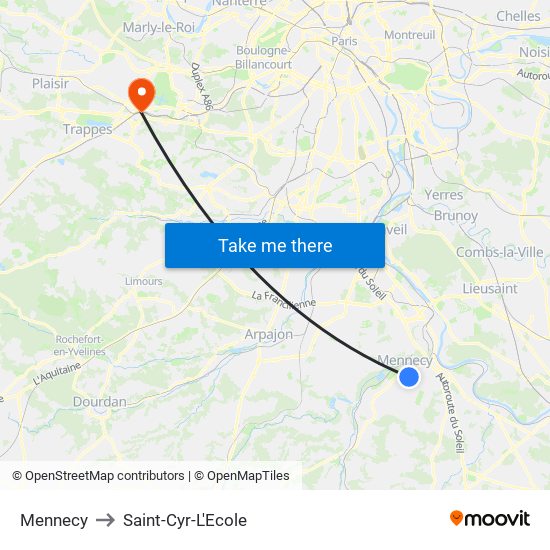 Mennecy to Saint-Cyr-L'Ecole map