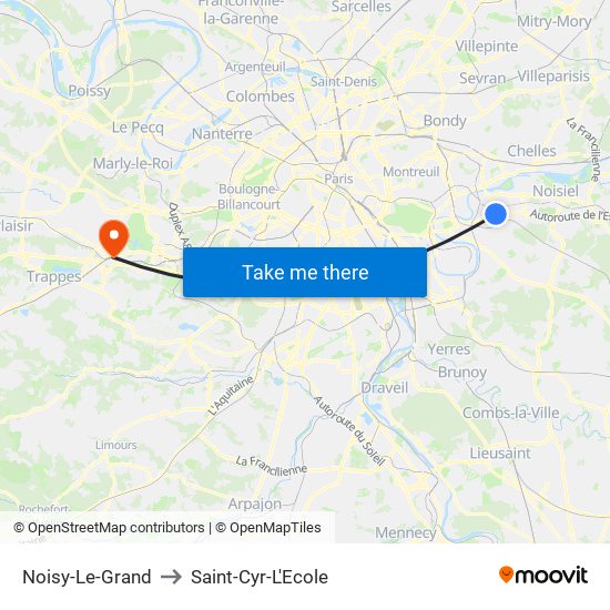 Noisy-Le-Grand to Saint-Cyr-L'Ecole map