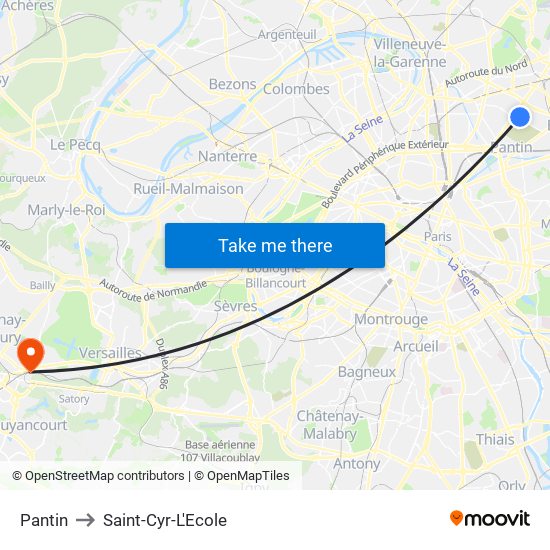 Pantin to Saint-Cyr-L'Ecole map
