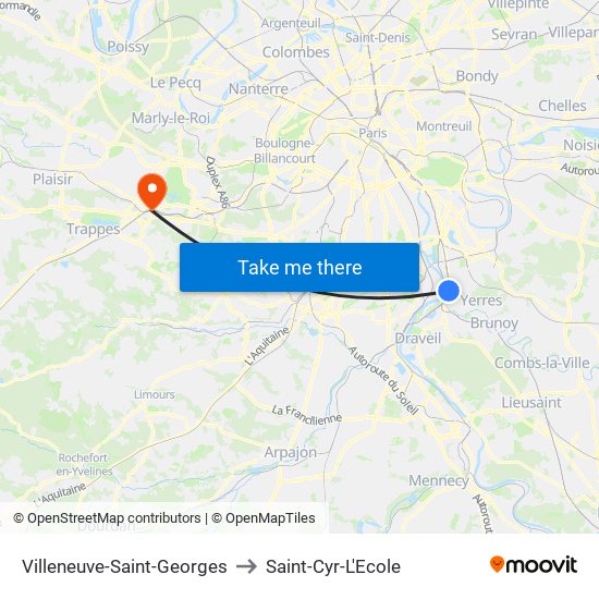 Villeneuve-Saint-Georges to Saint-Cyr-L'Ecole map