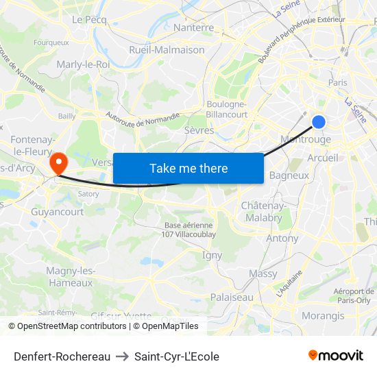 Denfert-Rochereau to Saint-Cyr-L'Ecole map